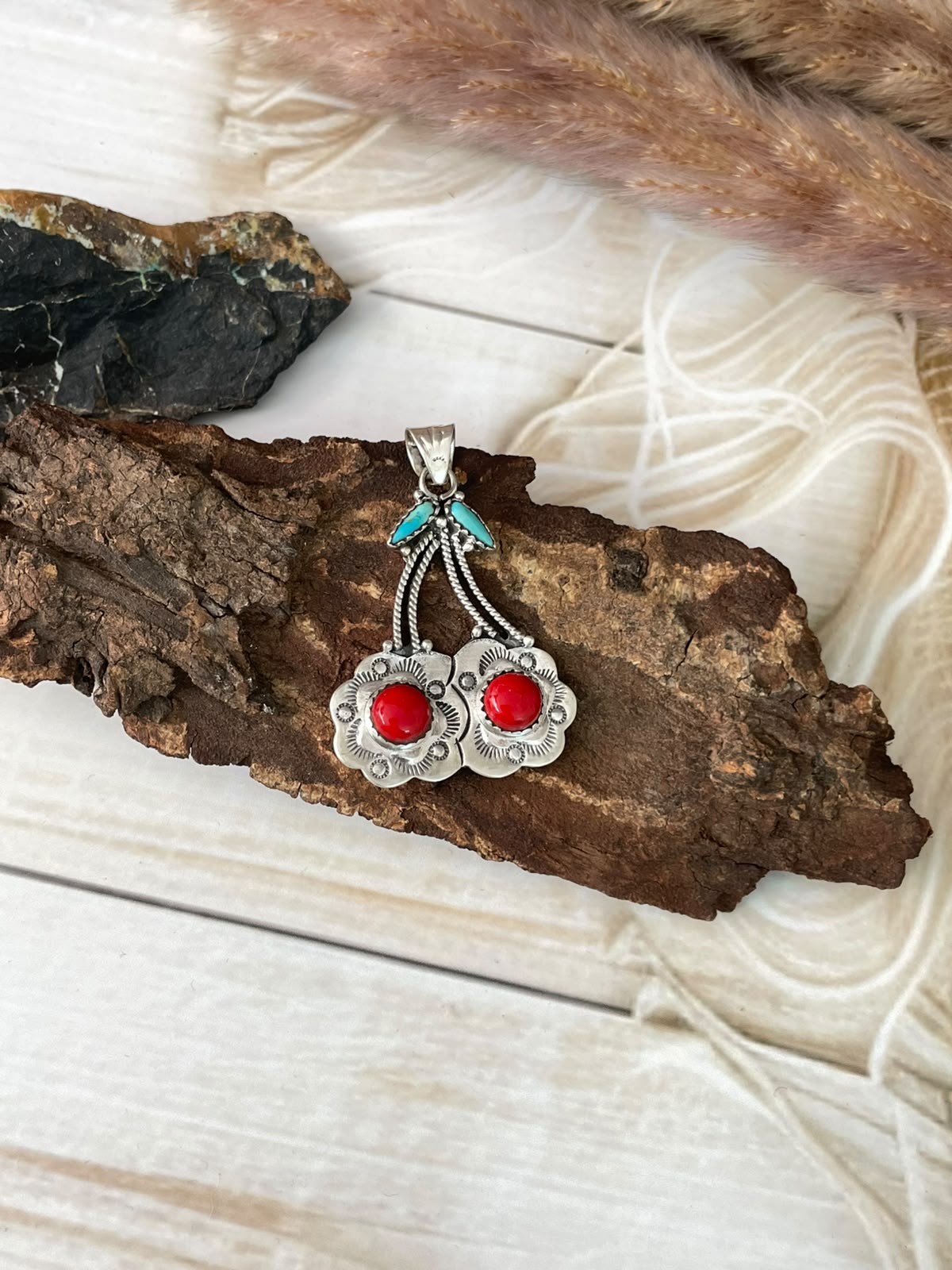 Handmade Sterling Silver Rosarita with Kingman Turquoise Cherry Pendant Signed Nizhoni