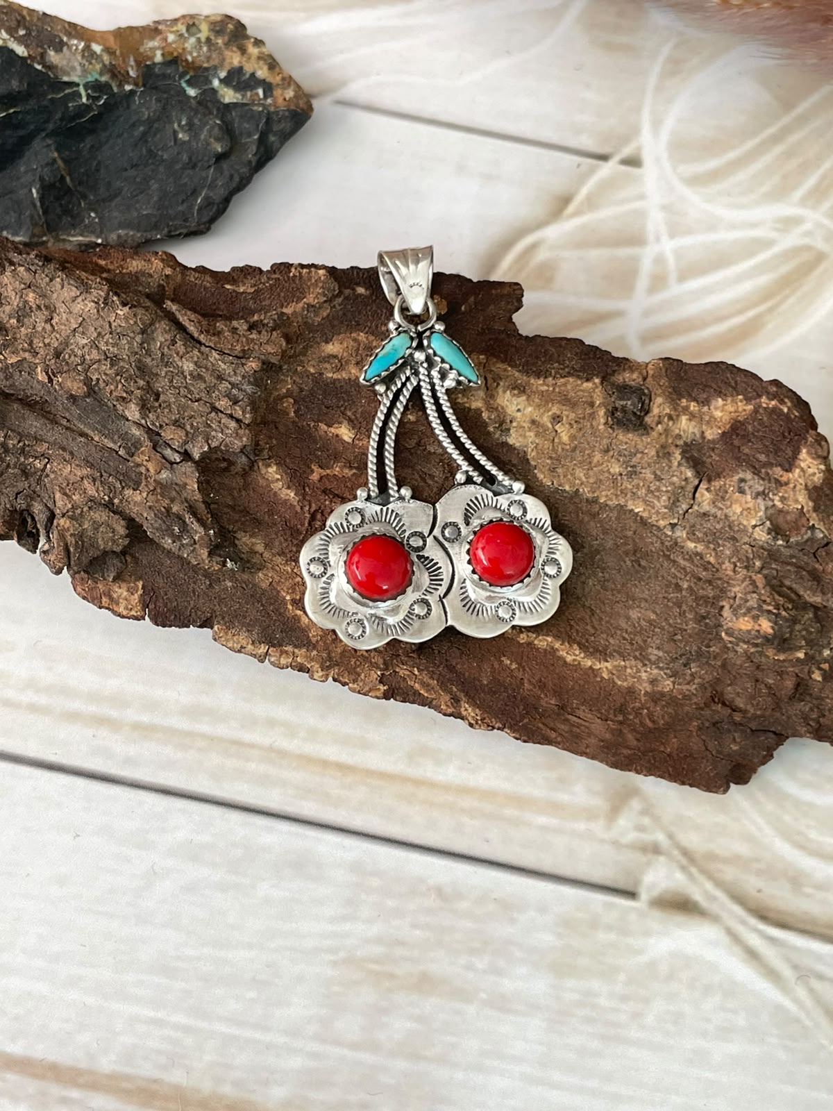 Handmade Sterling Silver Rosarita with Kingman Turquoise Cherry Pendant Signed Nizhoni