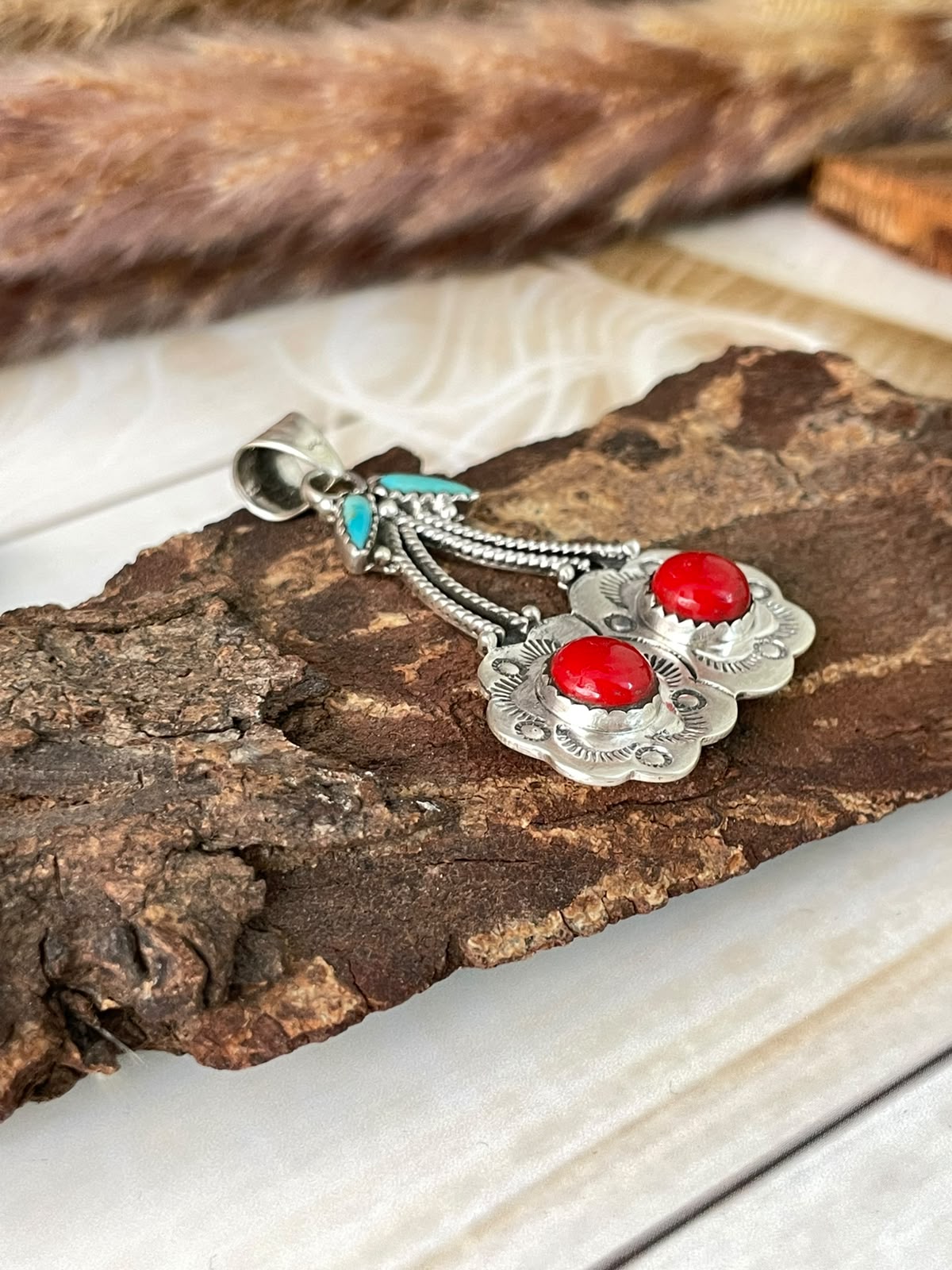 Handmade Sterling Silver Rosarita with Kingman Turquoise Cherry Pendant Signed Nizhoni