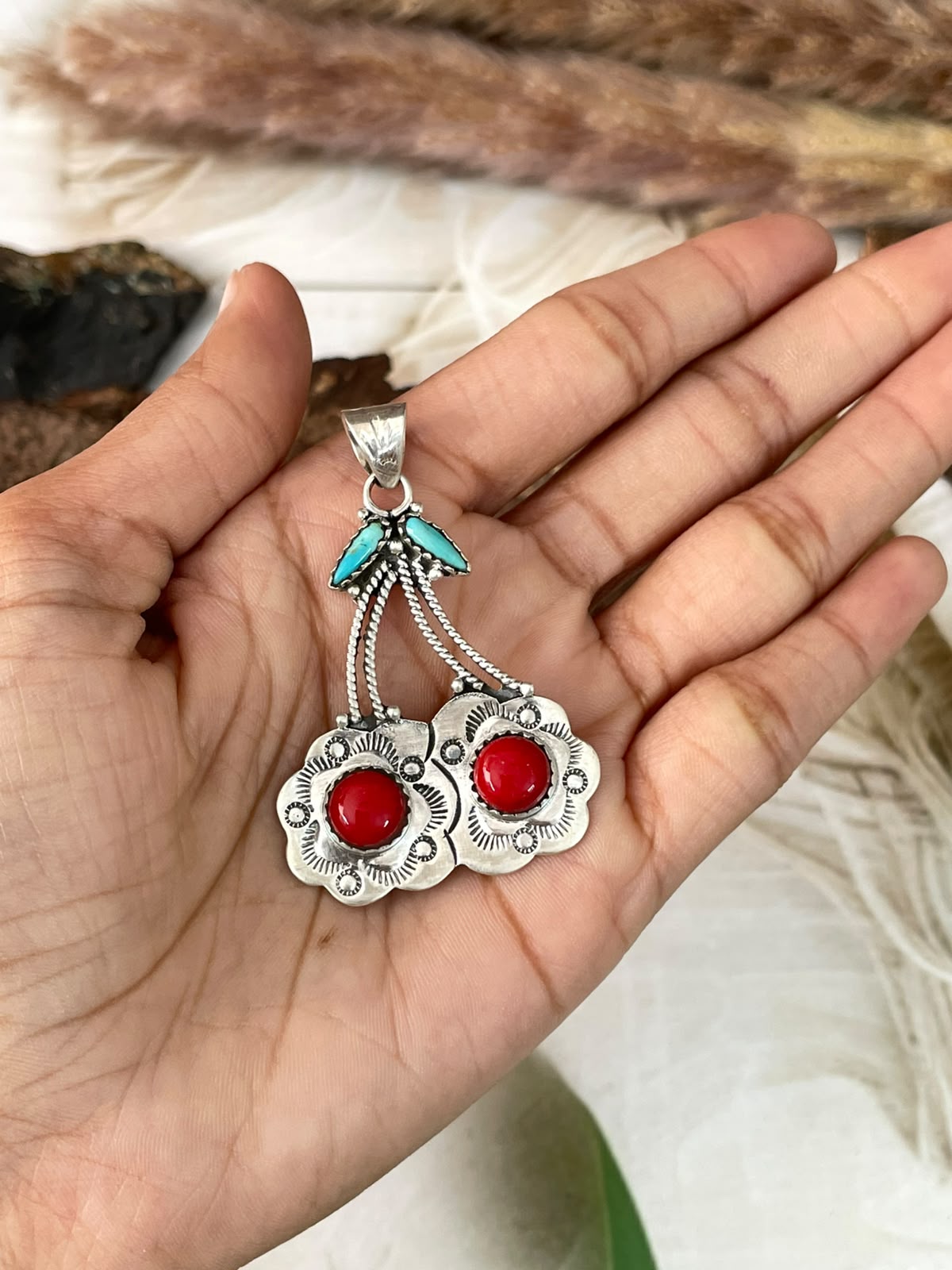 Handmade Sterling Silver Rosarita with Kingman Turquoise Cherry Pendant Signed Nizhoni