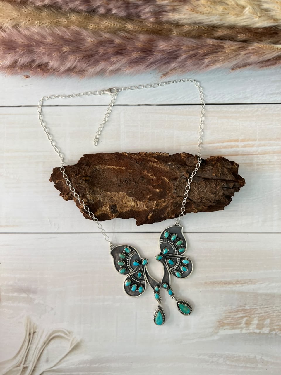 Handmade Sterling Silver Kingman Turquoise Butterfly Necklace Signed Nizhoni