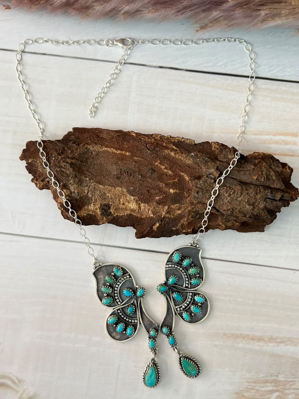 Handmade Sterling Silver Kingman Turquoise Butterfly Necklace Signed Nizhoni