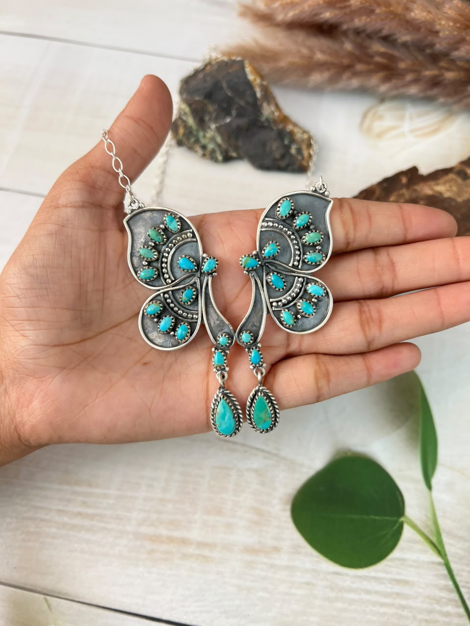 Handmade Sterling Silver Kingman Turquoise Butterfly Necklace Signed Nizhoni