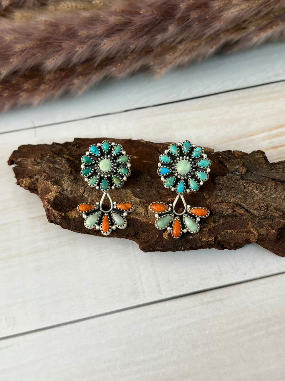 Handmade Sterling Silver Paloma with Kingman Turquoise and Orange Mojave Post Dangle Earrings Signed Nizhoni