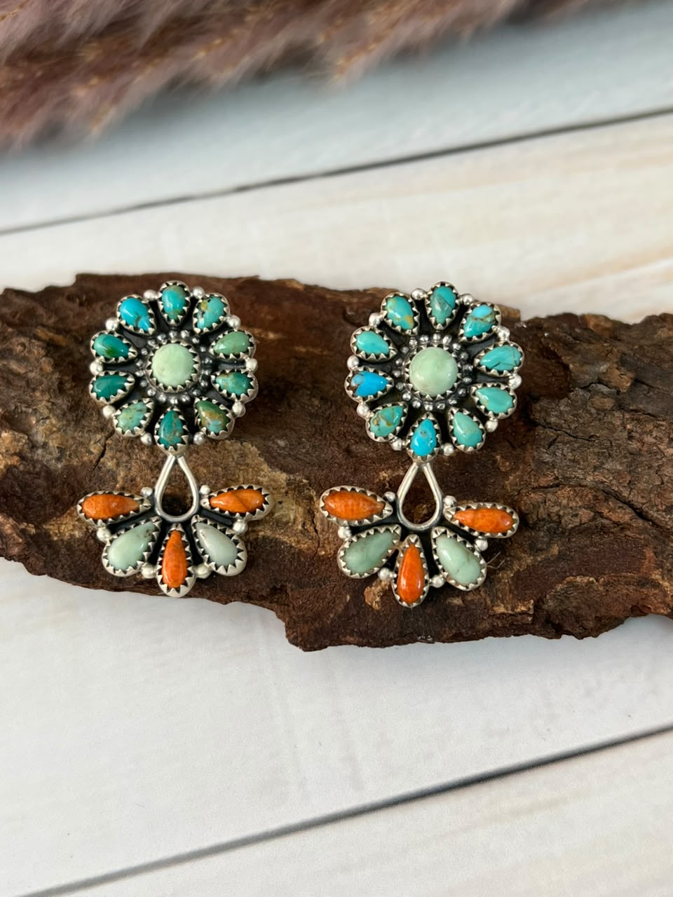 Handmade Sterling Silver Paloma with Kingman Turquoise and Orange Mojave Post Dangle Earrings Signed Nizhoni