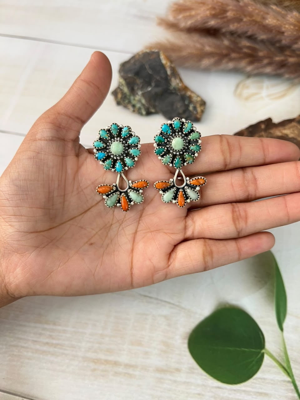 Handmade Sterling Silver Paloma with Kingman Turquoise and Orange Mojave Post Dangle Earrings Signed Nizhoni