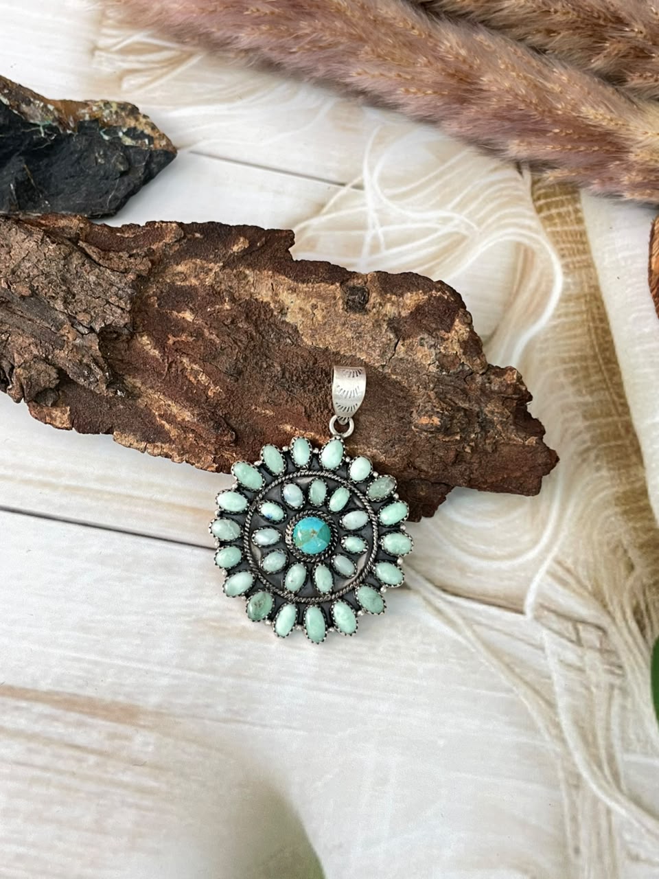 Handmade Sterling Silver Paloma with Kingman Turquoise Pendant Signed Nizhoni