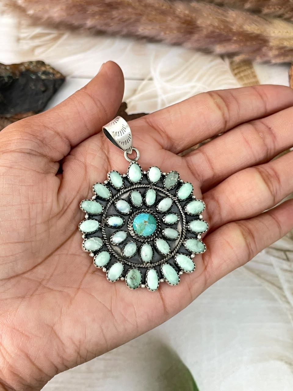Handmade Sterling Silver Paloma with Kingman Turquoise Pendant Signed Nizhoni