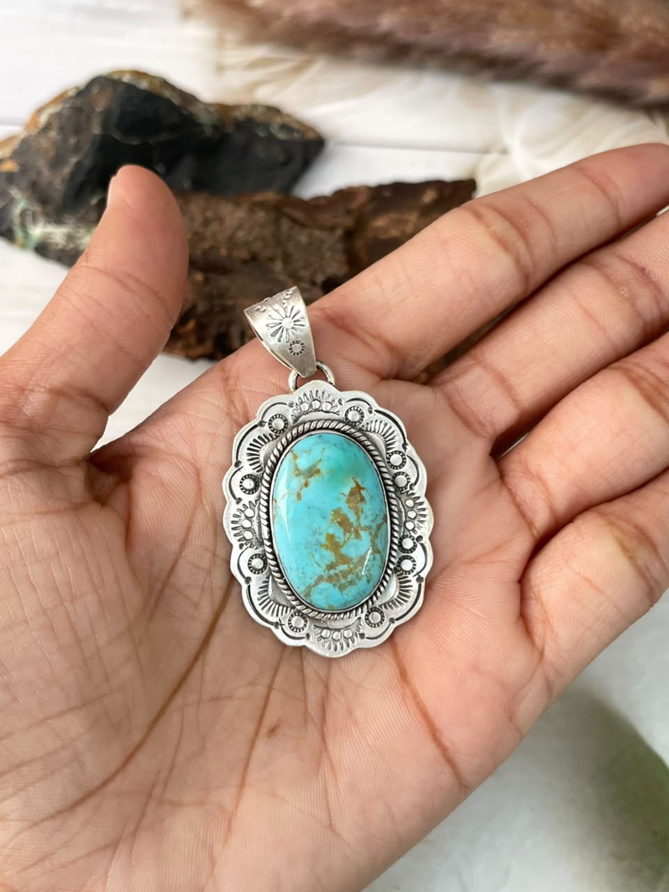 Handmade Sterling Silver Easter Blue Turquoise Pendant Signed Nizhoni