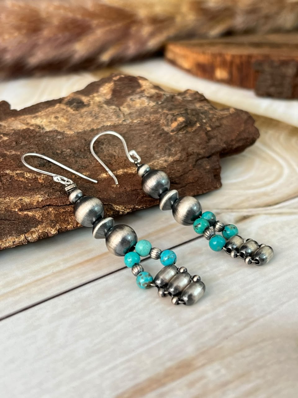 Handmade Sterling Silver Kingman Turquoise Hook Dangle Beaded Earrings