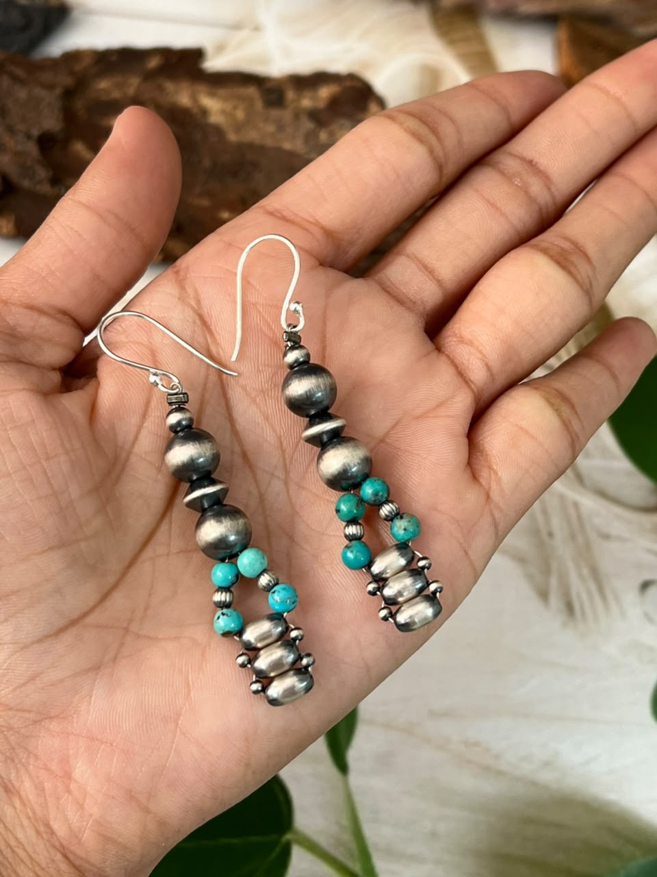 Handmade Sterling Silver Kingman Turquoise Hook Dangle Beaded Earrings