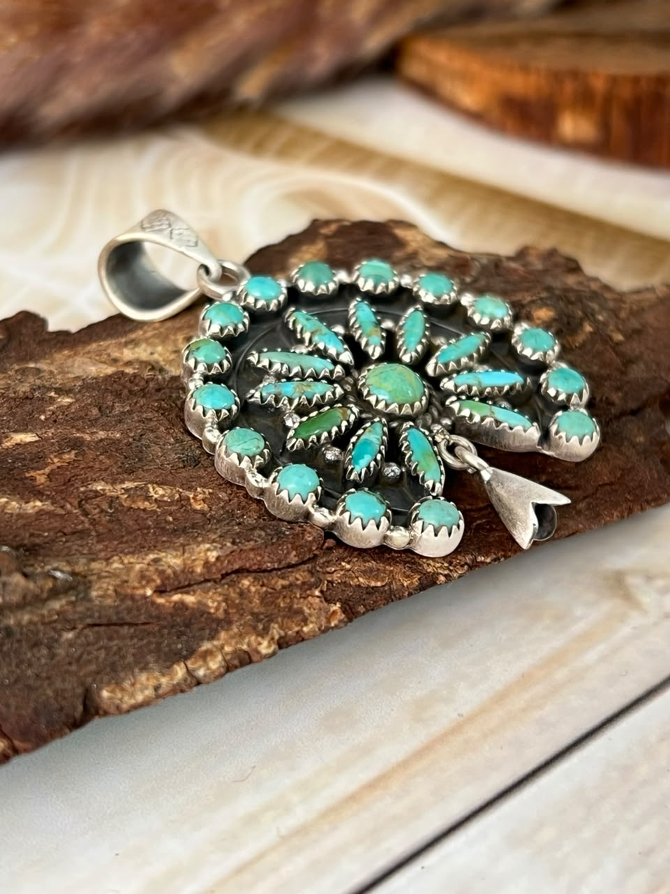 Handmade Sterling Silver Kingman Turquoise Squash Blossom Pendant Signed Nizhoni