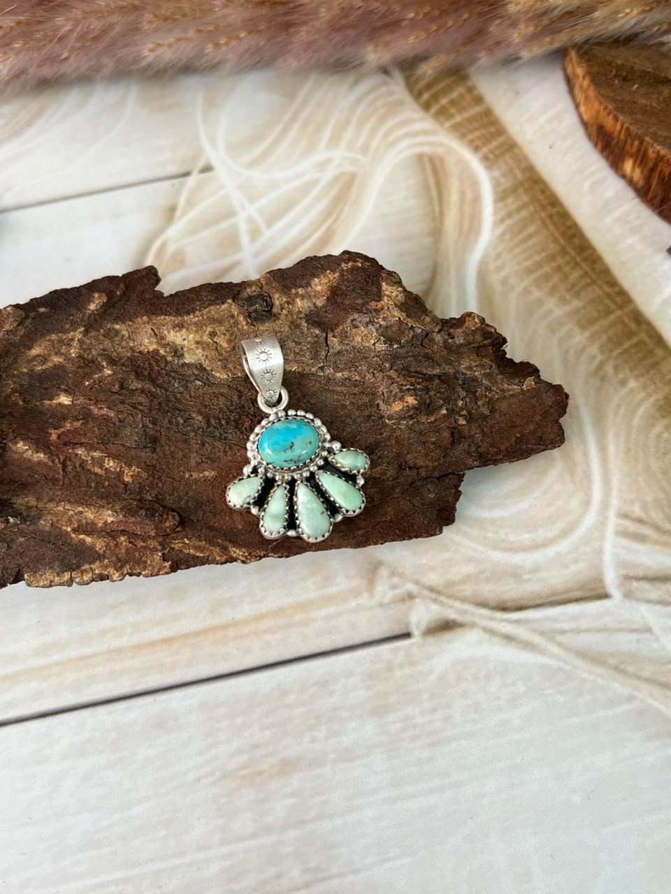 Handmade Sterling Silver Palomino with Kingman Turquoise Pendant Signed Nizhoni