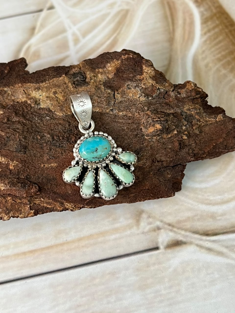 Handmade Sterling Silver Palomino with Kingman Turquoise Pendant Signed Nizhoni