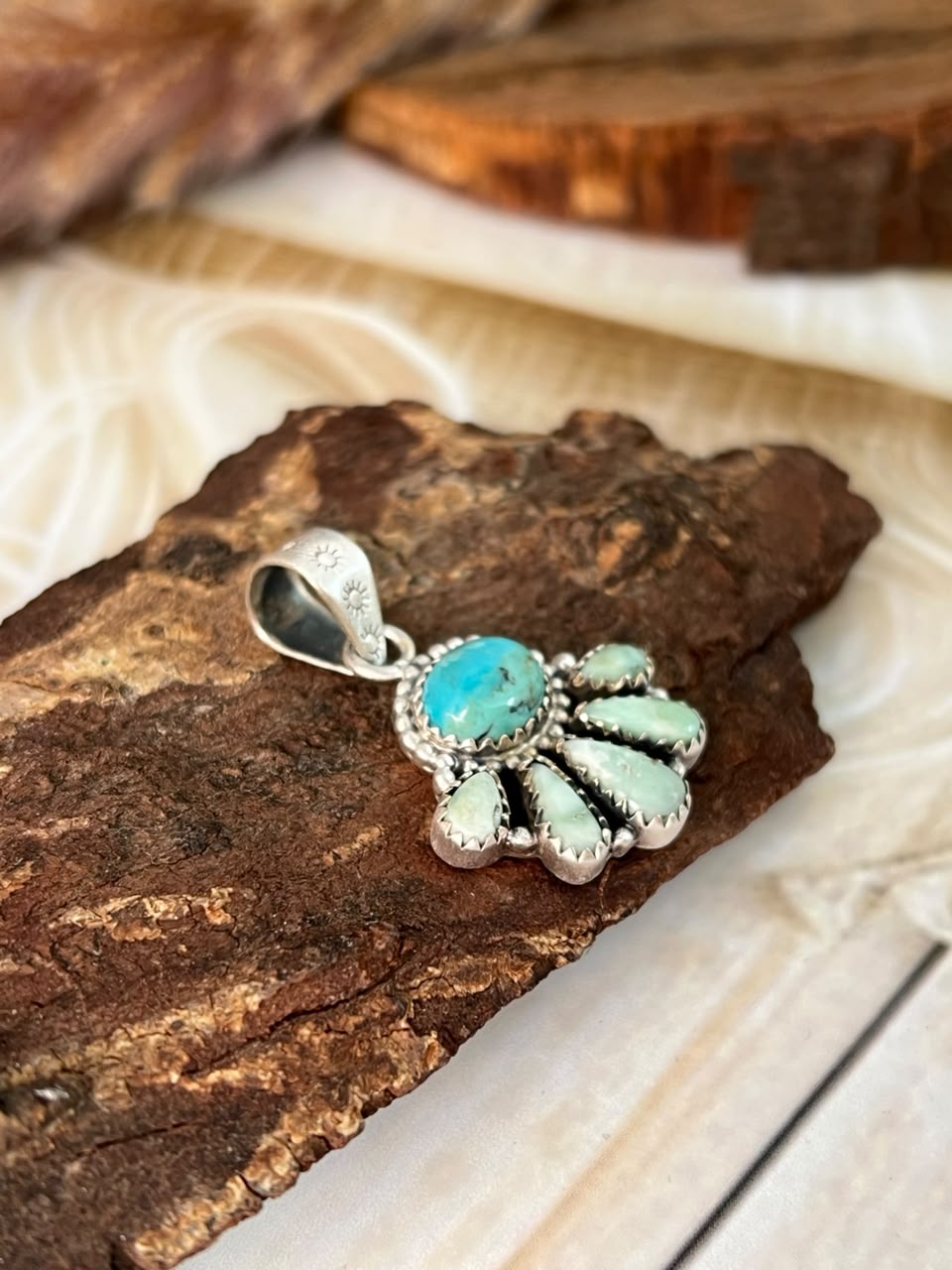 Handmade Sterling Silver Palomino with Kingman Turquoise Pendant Signed Nizhoni