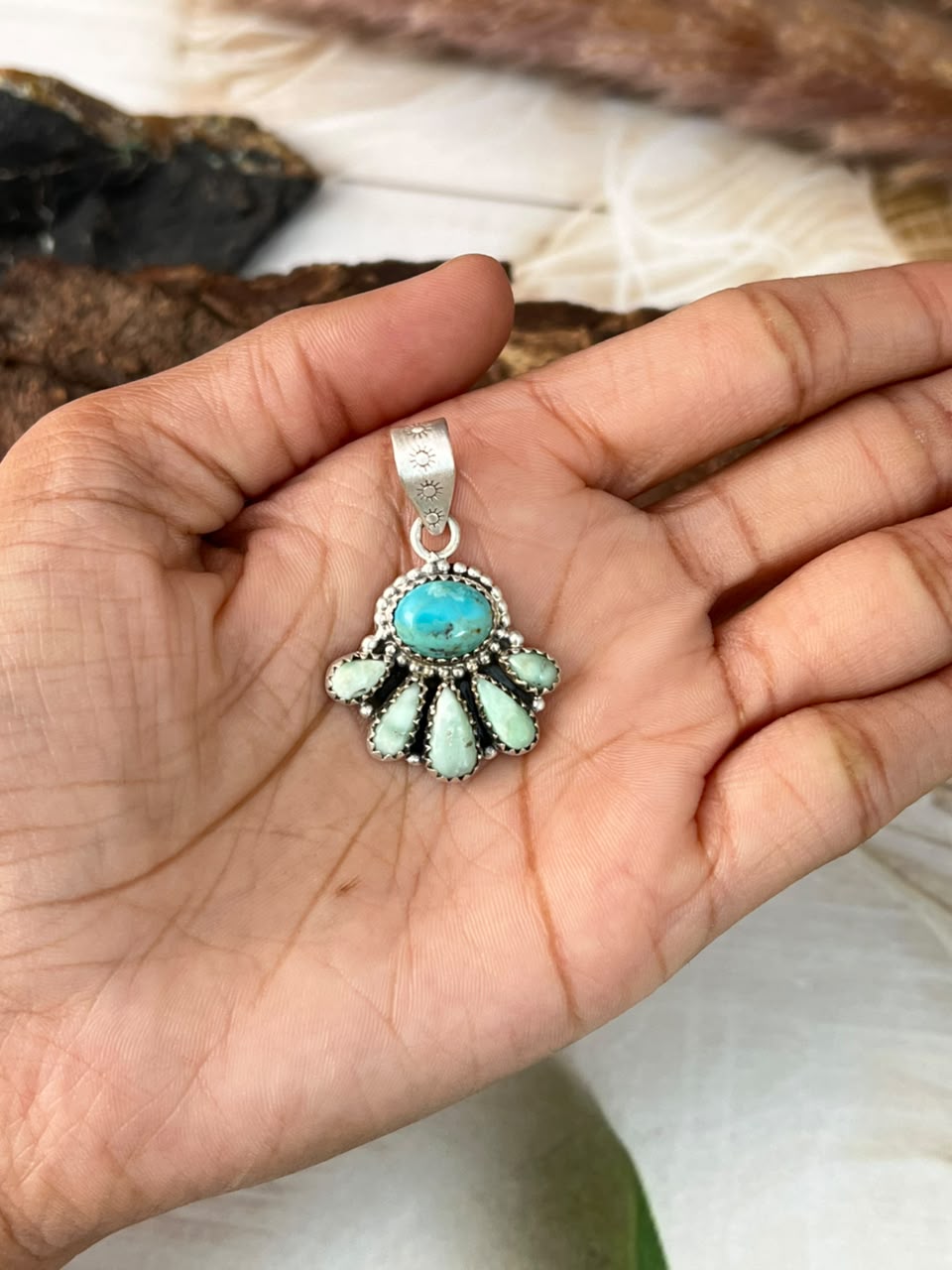 Handmade Sterling Silver Palomino with Kingman Turquoise Pendant Signed Nizhoni