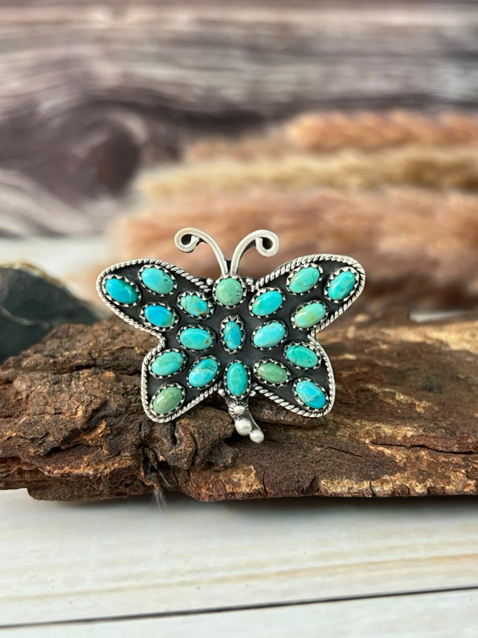 Handmade Sterling Silver Kingman Turquoise Butterfly Adjustable Ring Signed Nizhoni
