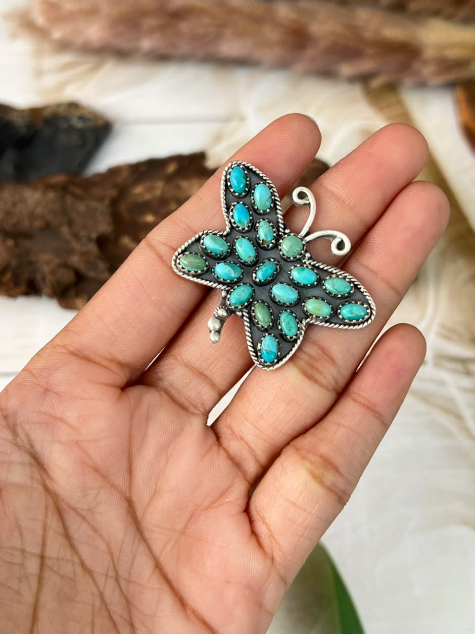 Handmade Sterling Silver Kingman Turquoise Butterfly Adjustable Ring Signed Nizhoni