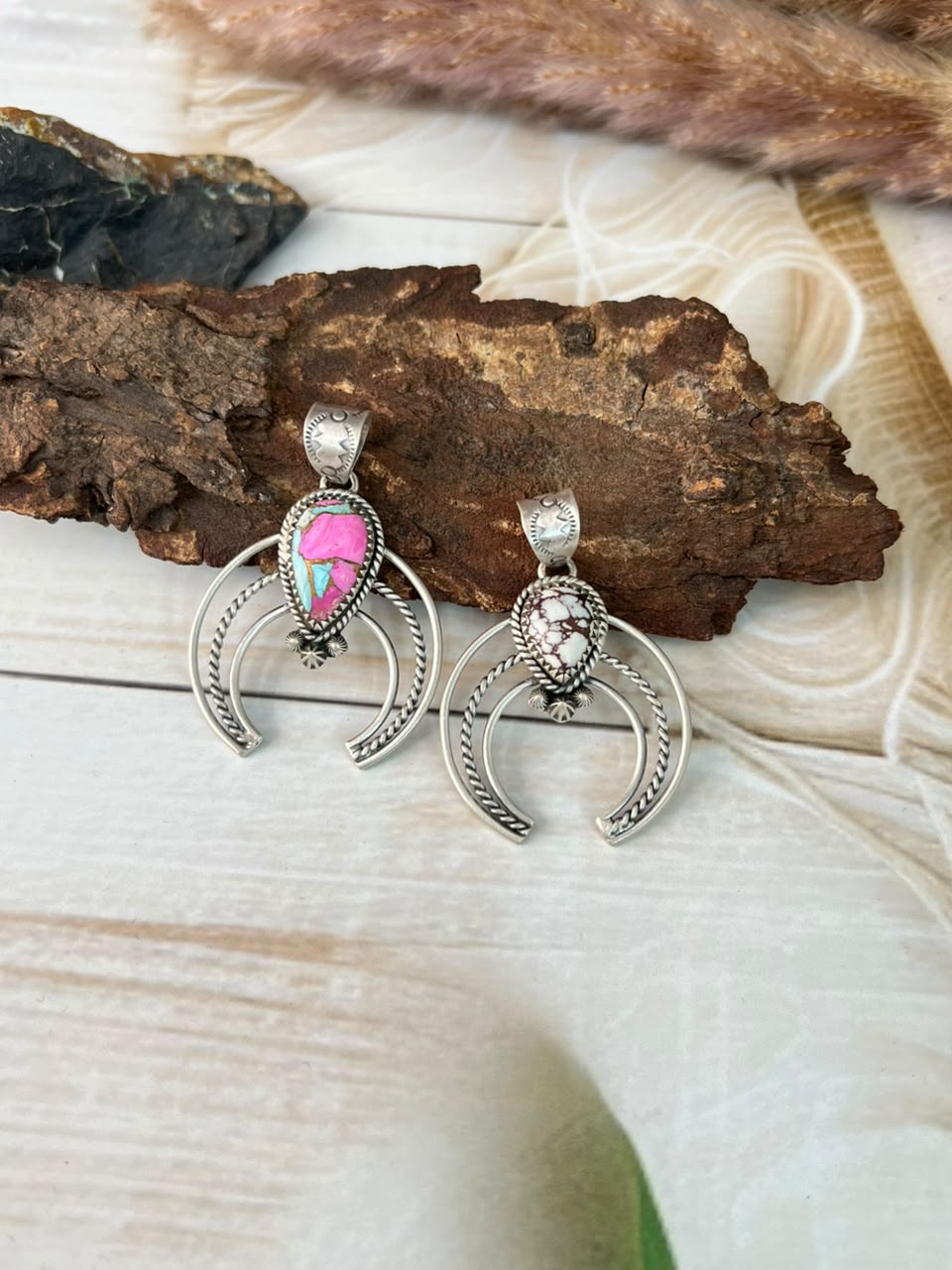 Handmade Sterling Silver Wildhorse Magnesite and Cotton Candy Naja Pendant Signed Nizhoni