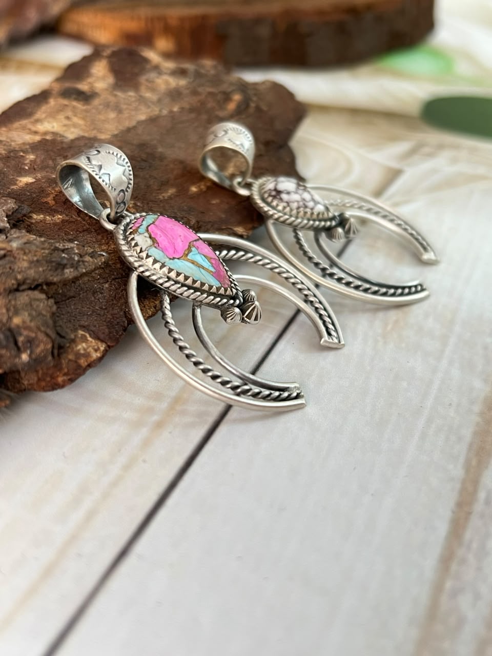 Handmade Sterling Silver Wildhorse Magnesite and Cotton Candy Naja Pendant Signed Nizhoni