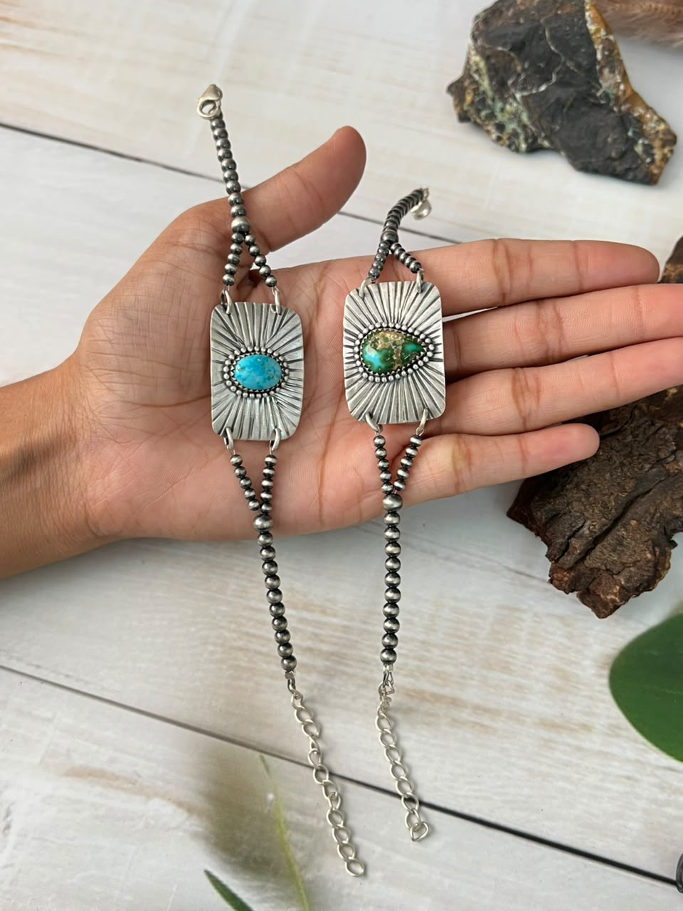 Handmade Sterling Silver Sierra Bella and Sonoran Mountain Turquoise Beaded Chain Bracelet Signed Nizhoni