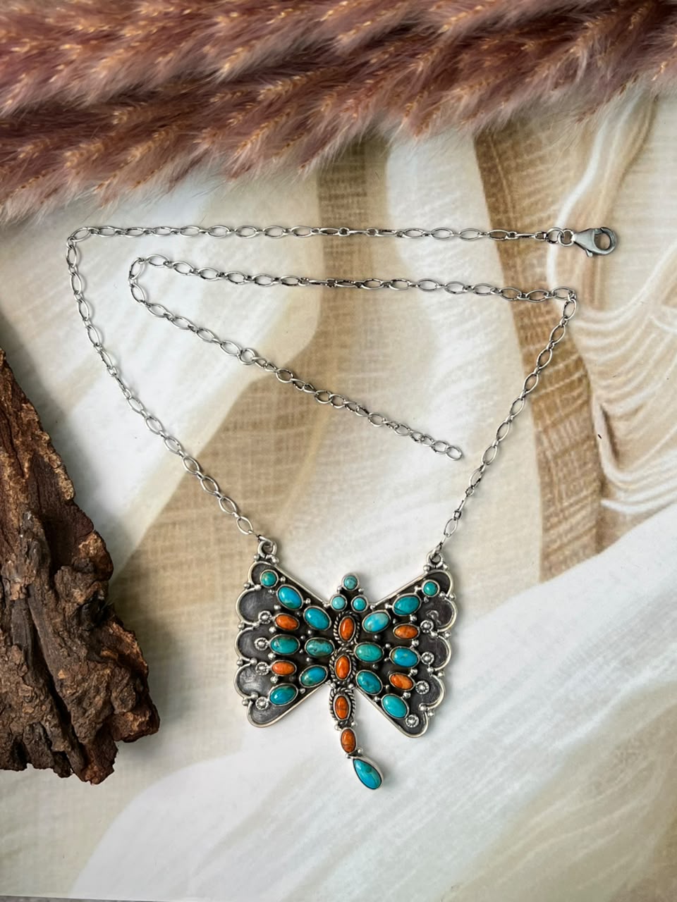 Handmade Sterling Silver Kingman Turquoise with Orange Mojave Butterfly Necklace Signed Nizhoni (8)