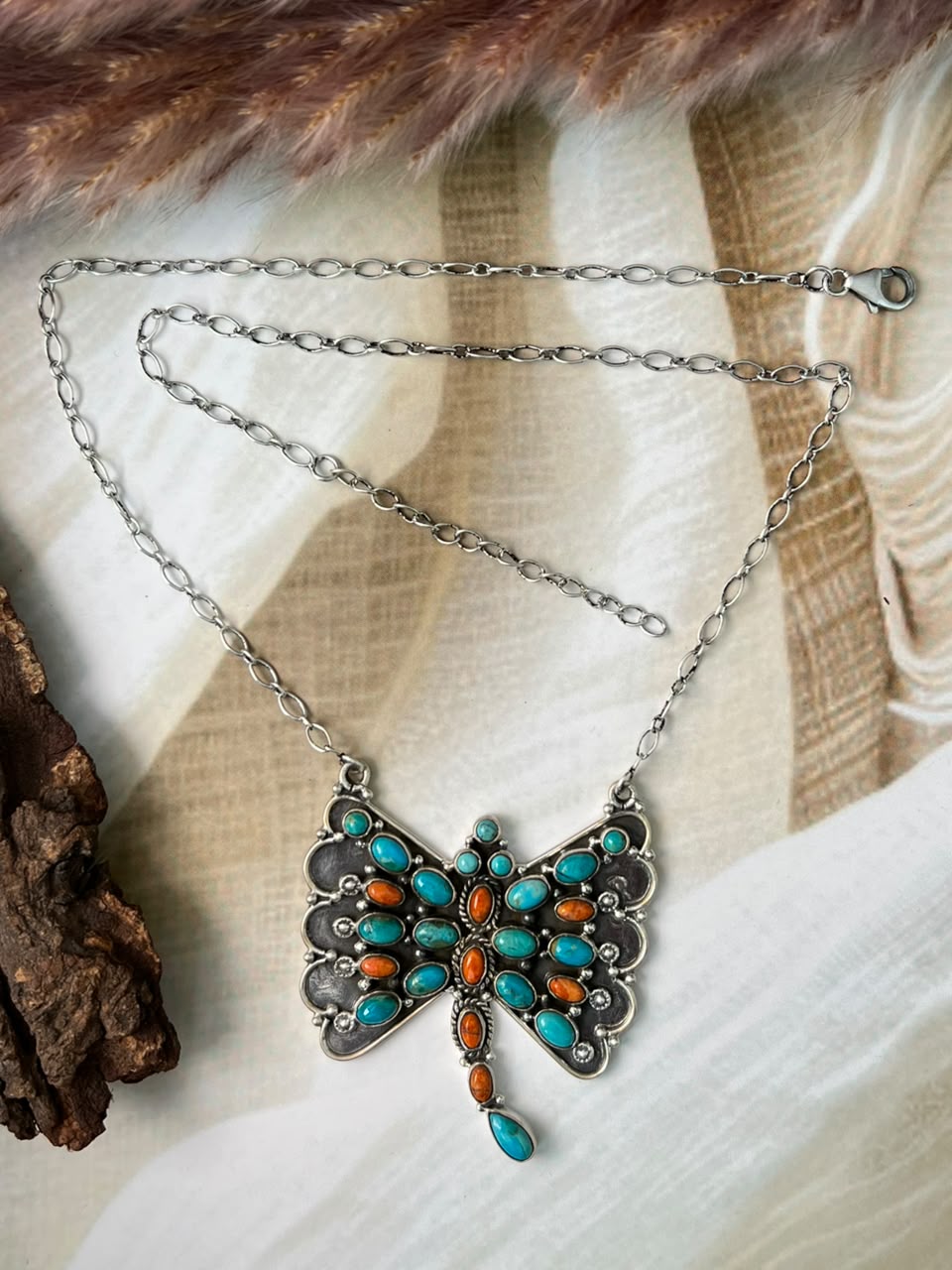Handmade Sterling Silver Kingman Turquoise with Orange Mojave Butterfly Necklace Signed Nizhoni (8)