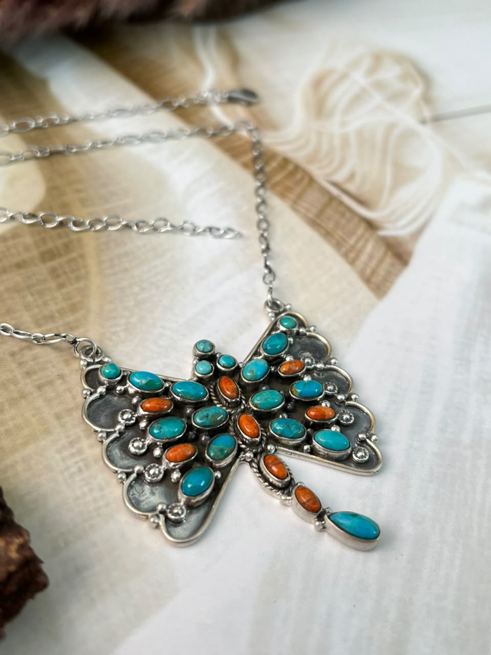 Handmade Sterling Silver Kingman Turquoise with Orange Mojave Butterfly Necklace Signed Nizhoni (8)
