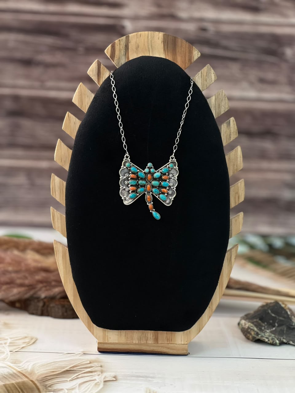 Handmade Sterling Silver Kingman Turquoise with Orange Mojave Butterfly Necklace Signed Nizhoni (8)