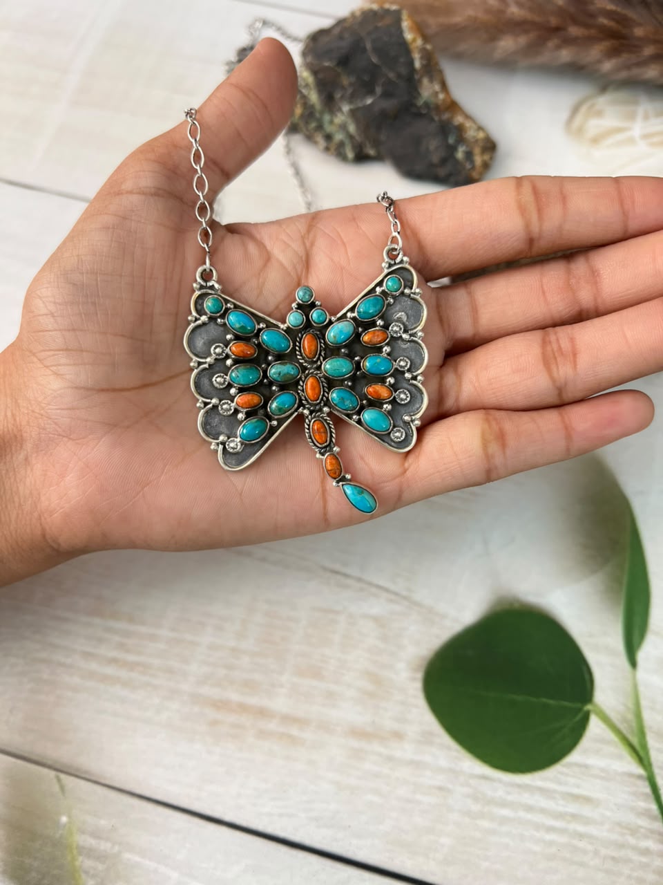 Handmade Sterling Silver Kingman Turquoise with Orange Mojave Butterfly Necklace Signed Nizhoni (8)