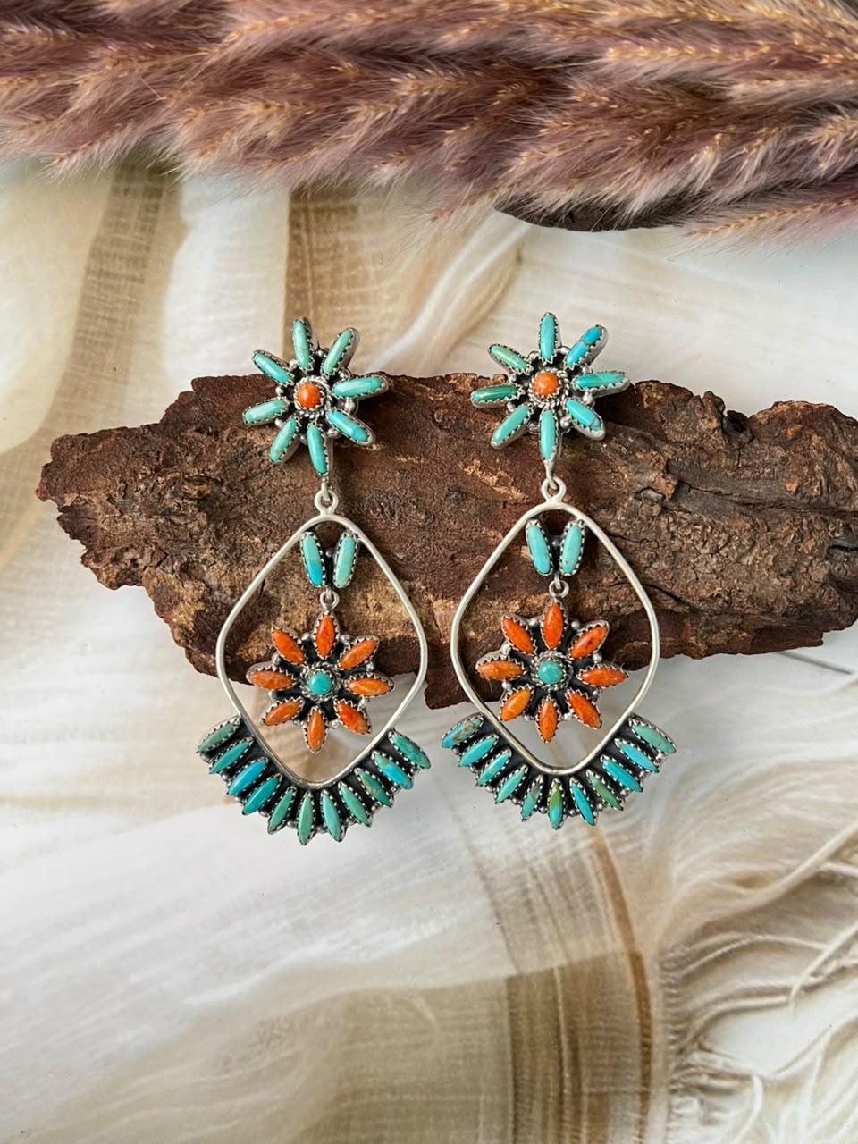 Handmade Sterling Silver Kingman Turquoise with Orange Mojave Post Dangle Earrings Signed Nizhoni