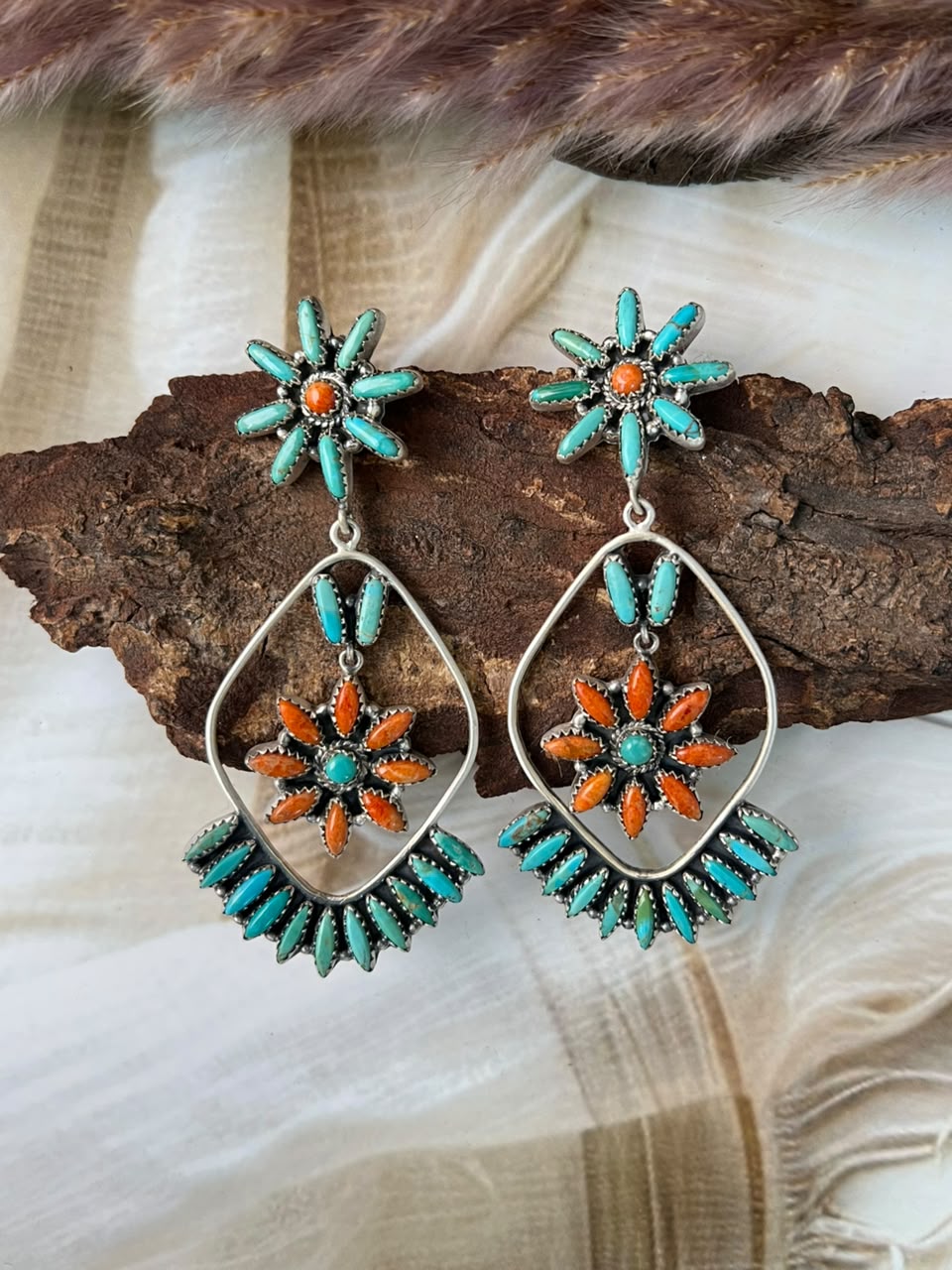 Handmade Sterling Silver Kingman Turquoise with Orange Mojave Post Dangle Earrings Signed Nizhoni