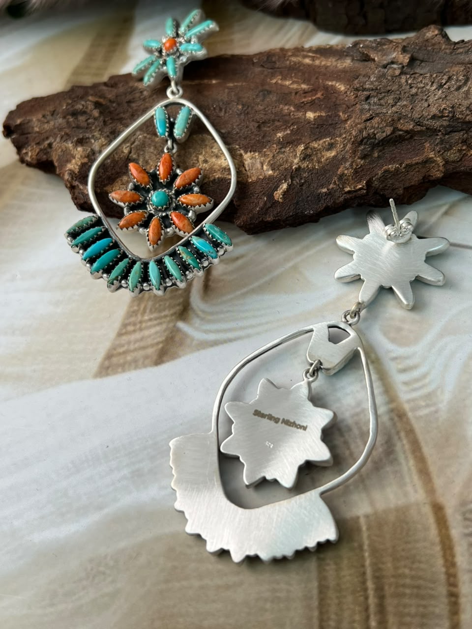 Handmade Sterling Silver Kingman Turquoise with Orange Mojave Post Dangle Earrings Signed Nizhoni