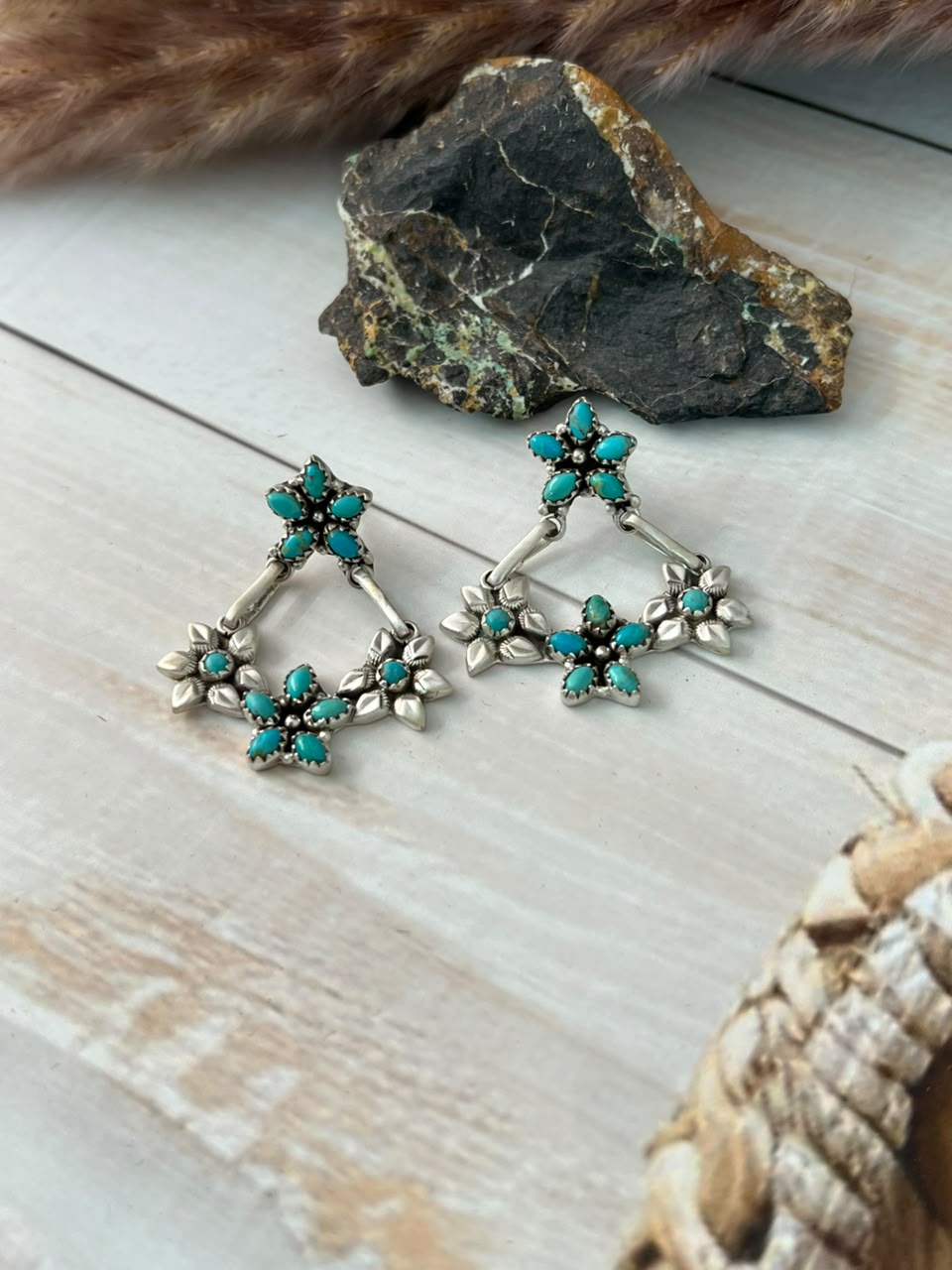 Handmade Sterling Silver Kingman Turquoise Post Dangle Earrings Signed Nizhoni