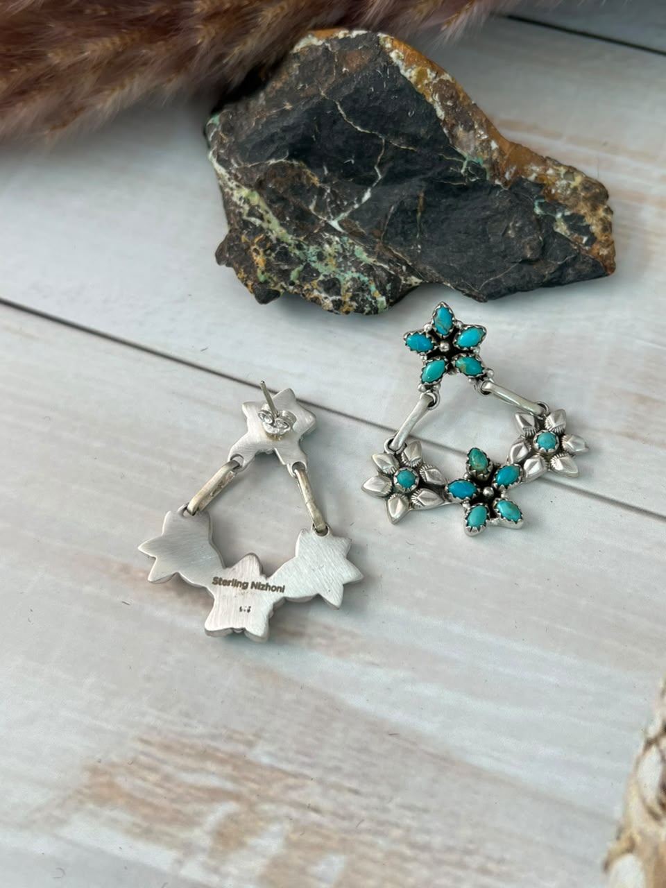 Handmade Sterling Silver Kingman Turquoise Post Dangle Earrings Signed Nizhoni