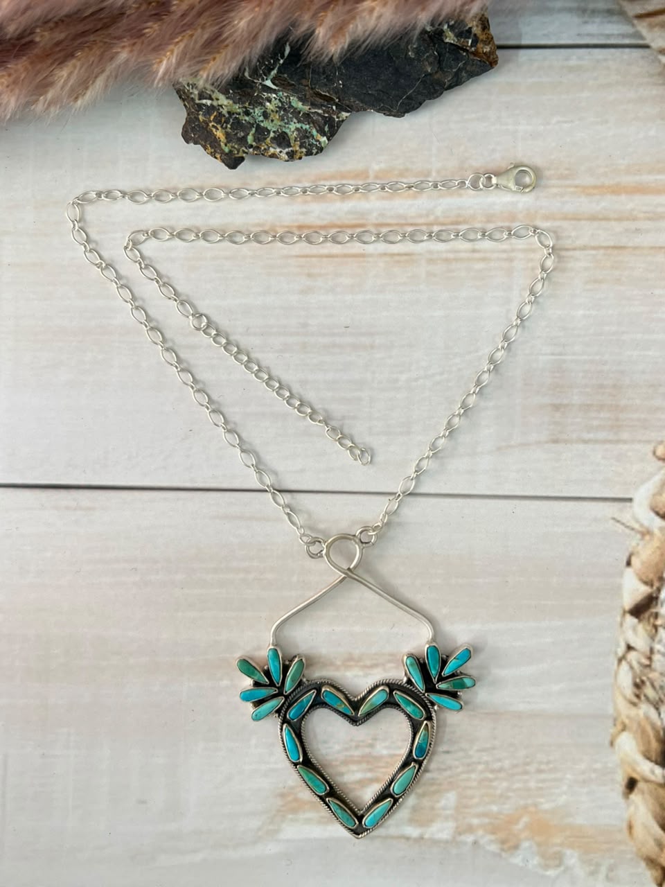 Handmade Sterling Silver Kingman Turquoise Heart Necklace Signed Nizhoni
