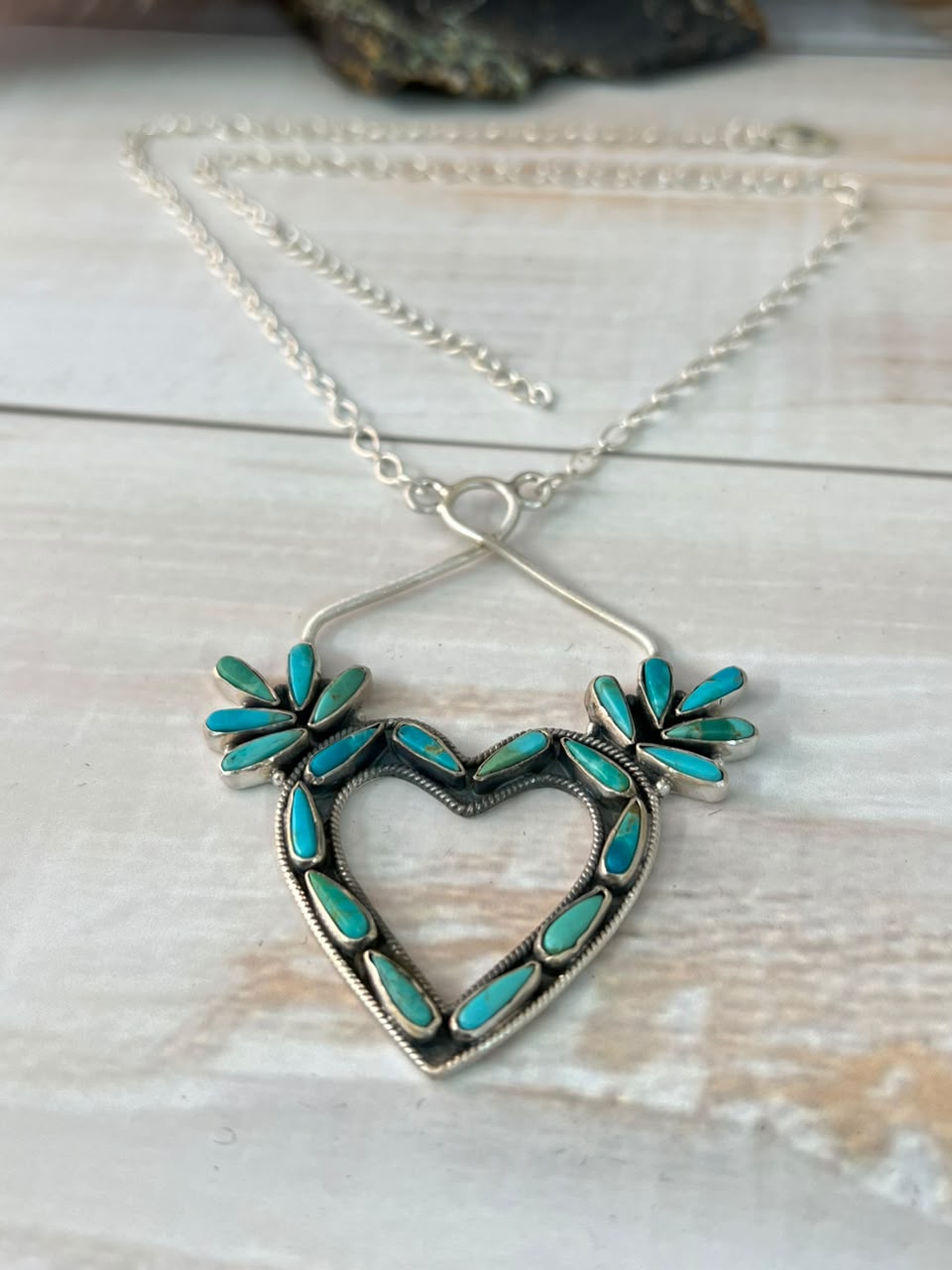 Handmade Sterling Silver Kingman Turquoise Heart Necklace Signed Nizhoni