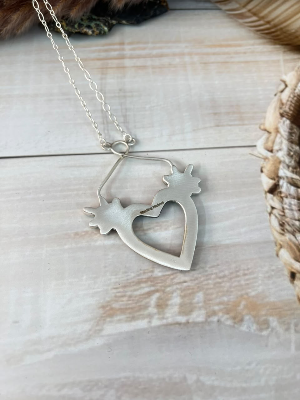 Handmade Sterling Silver Kingman Turquoise Heart Necklace Signed Nizhoni