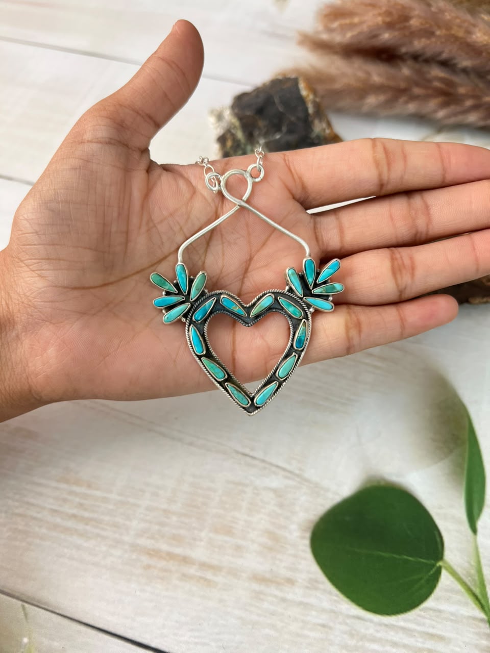 Handmade Sterling Silver Kingman Turquoise Heart Necklace Signed Nizhoni