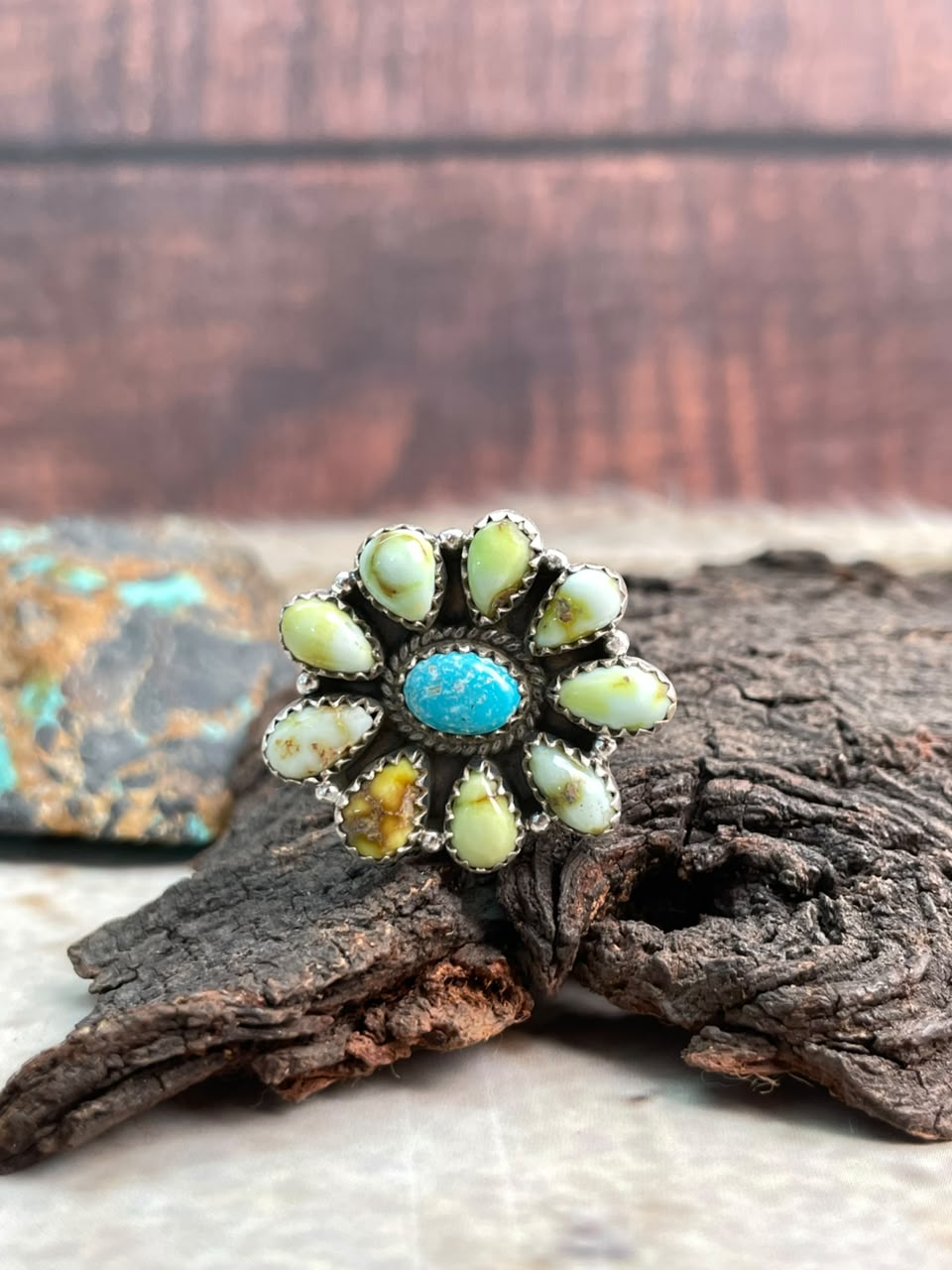 Handmade Sterling Silver Palomino with Sierra Bella Turquoise Adjustable Ring Signed Nizhoni