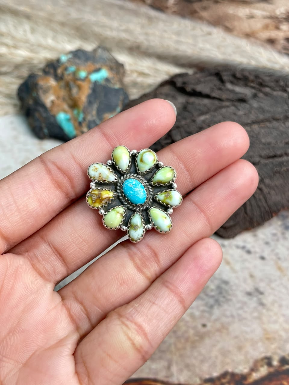 Handmade Sterling Silver Palomino with Sierra Bella Turquoise Adjustable Ring Signed Nizhoni
