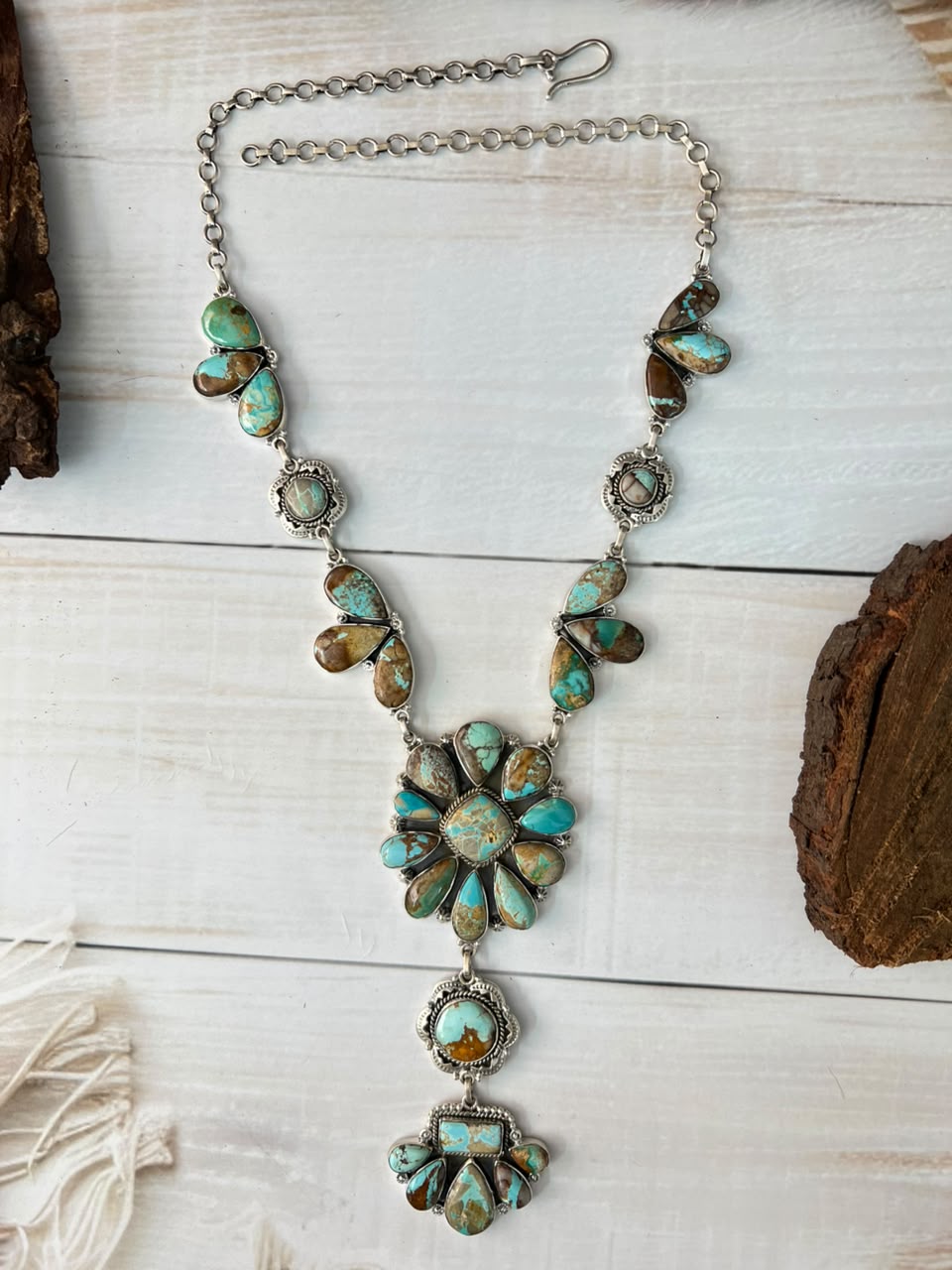 Handmade Sterling Silver Royston Ribbon Turquoise Collection: Drop Necklace Signed Nizhoni