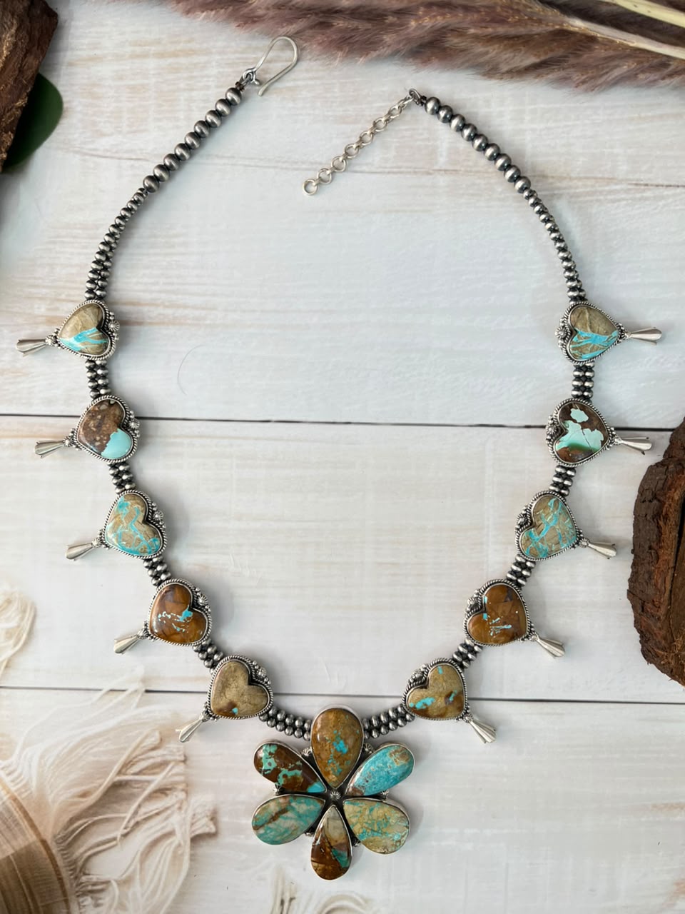 Handmade Sterling Silver Royston Ribbon Turquoise Collection: Squash Blossom Beaded Necklace Signed Nizhoni