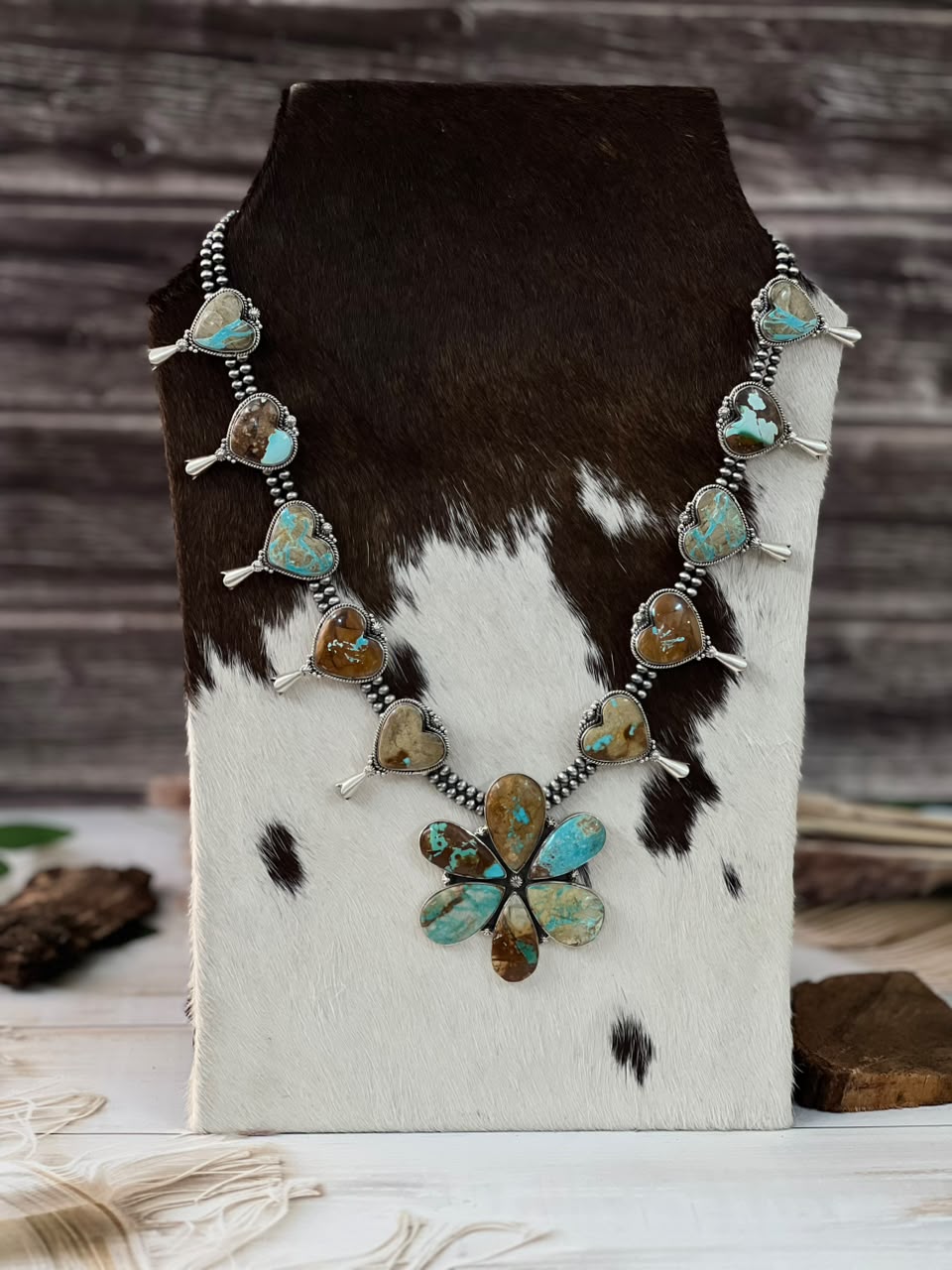 Handmade Sterling Silver Royston Ribbon Turquoise Collection: Squash Blossom Beaded Necklace Signed Nizhoni