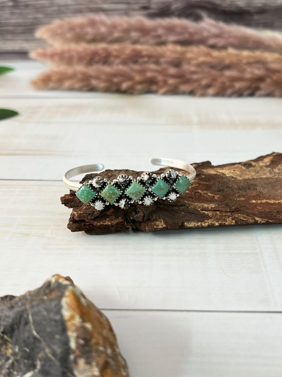 Handmade Sterling Silver Royston Turquoise with White Buffalo Cuff Bracelet Signed Nizhoni