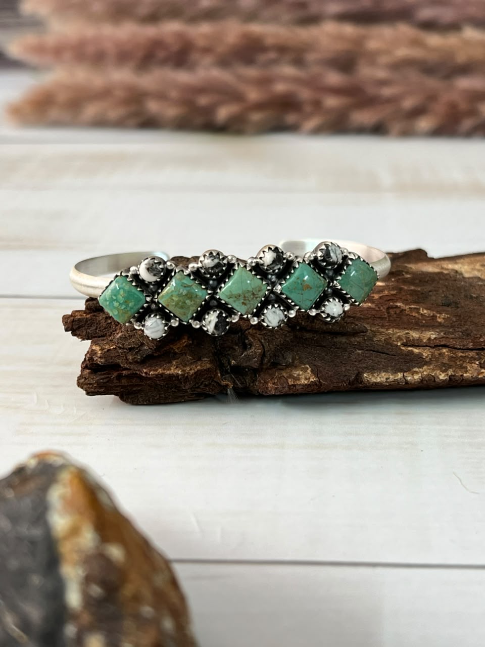 Handmade Sterling Silver Royston Turquoise with White Buffalo Cuff Bracelet Signed Nizhoni