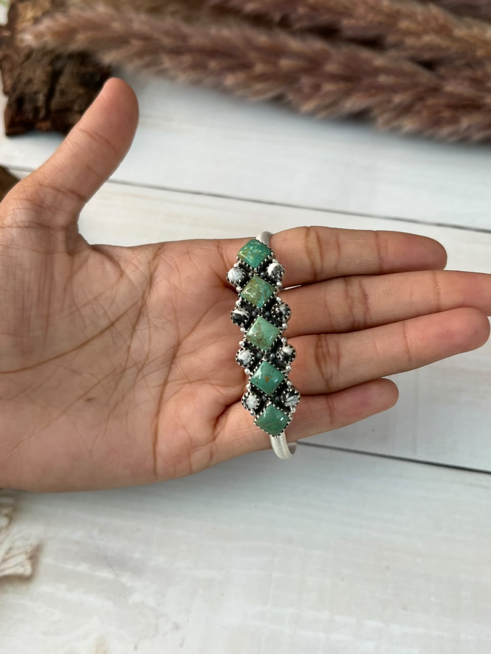 Handmade Sterling Silver Royston Turquoise with White Buffalo Cuff Bracelet Signed Nizhoni