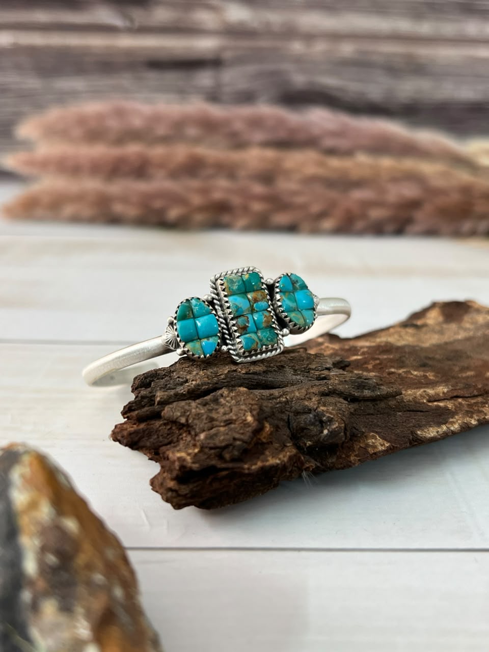 Handmade Sterling Silver Kingman Turquoise Cobble Stone Cuff Bracelet Signed Nizhoni