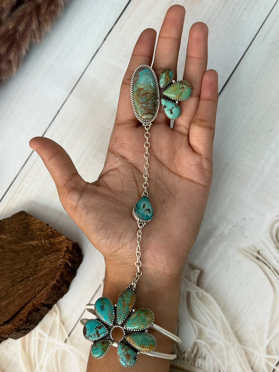 Handmade Sterling Silver Royston Turquoise Hand Harness Signed Nizhoni