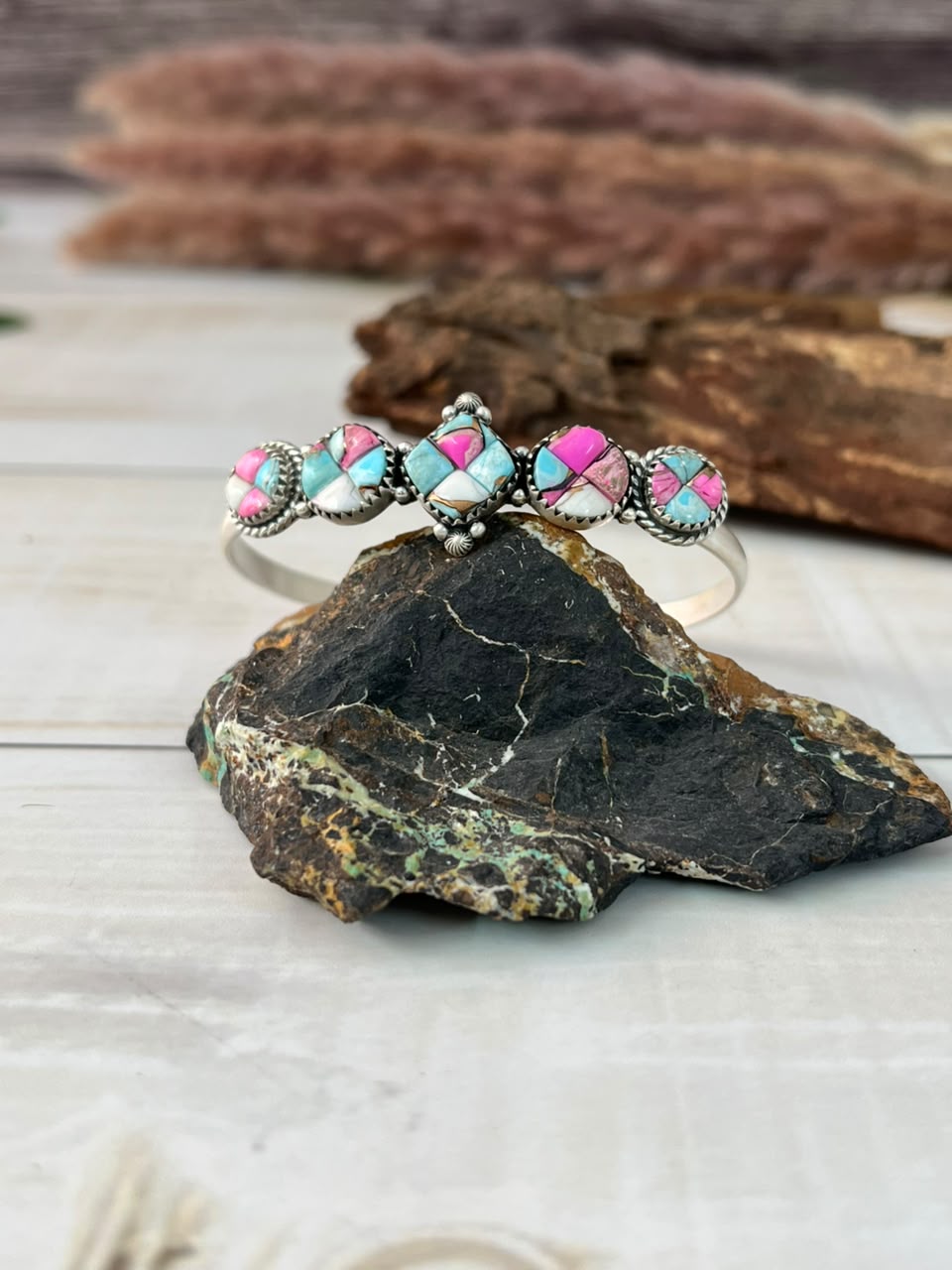 Handmade Sterling Silver Cotton Candy Cobble Stone Cuff Bracelet Signed Nizhoni